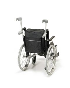 Days wheelchair crutch bag in black colour, attached to a wheelchair with crutches.