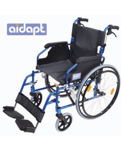 Aidapt Deluxe Lightweight Self Propelled Aluminium Wheelchair in blue, with foldable frame, quick-release wheels, padded seat, flip-back armrests, and removable footrests